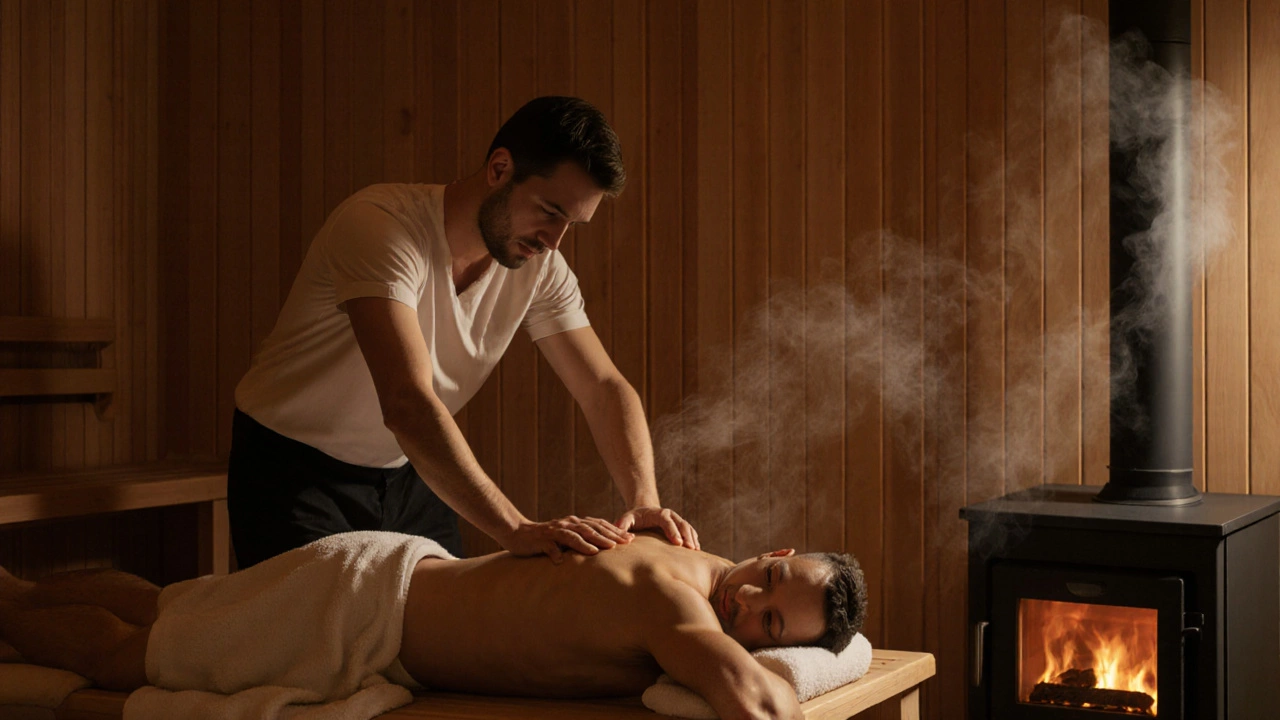 Массажист работает со спиной клиента в сауне, клиент в шортах на массажном столе.