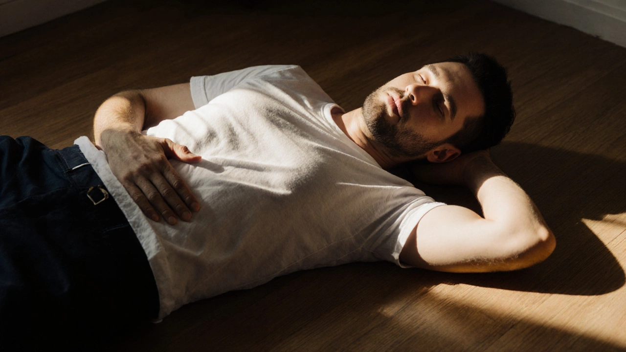 Мужчина лежит на полу, руки расслаблены, солнечный свет сканирует его тело от ног до головы.