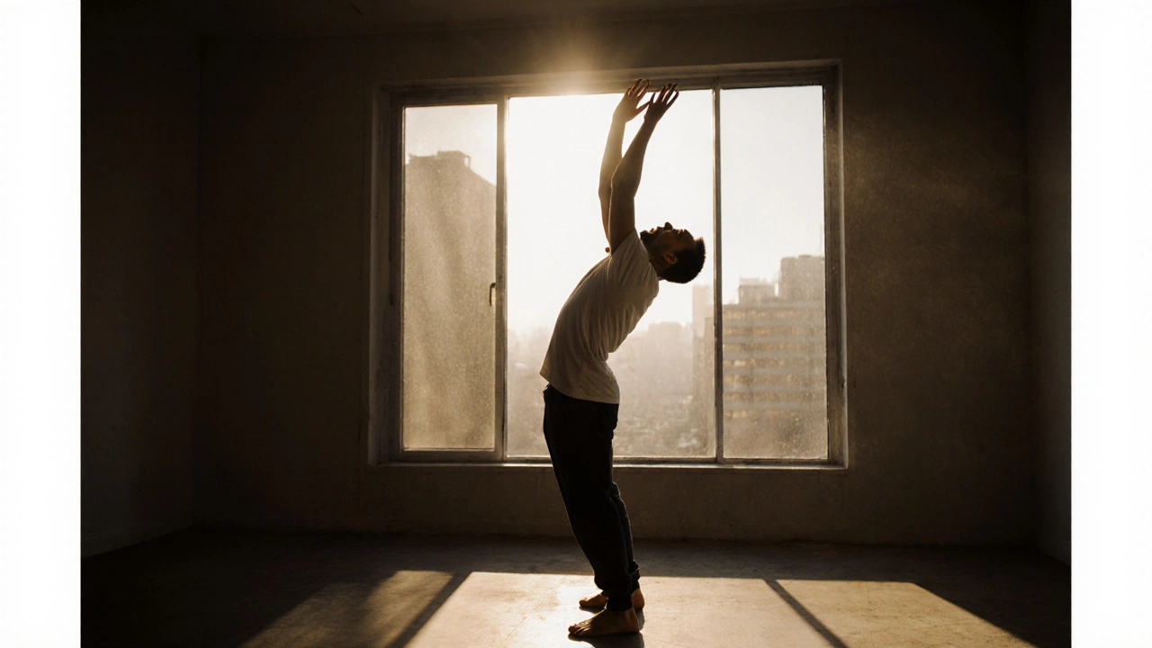Мужчина тянется вверх утром, руки вытянуты, лицо выражает глубокий выдох, за окном — рассвет.