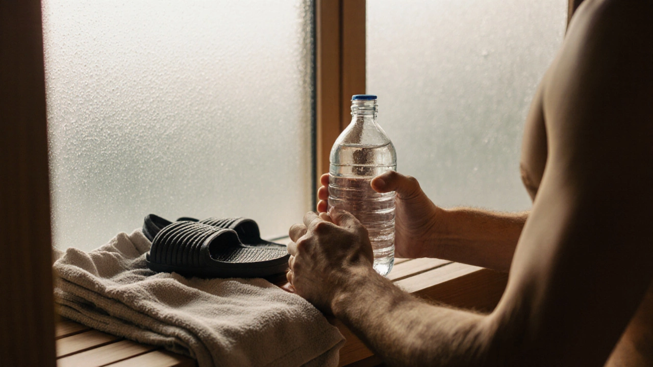 На полке в раздевалке сауны лежат полотенце, шорты и бутылка воды.