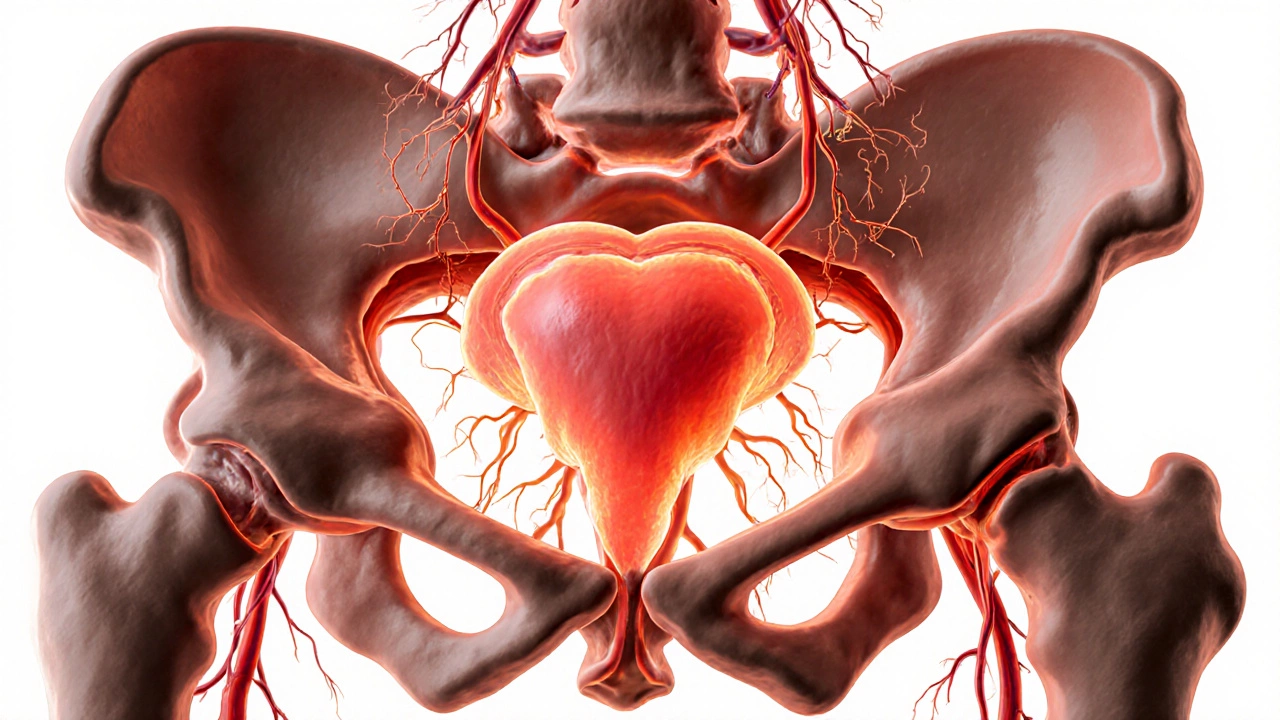 Анатомическая иллюстрация простаты с кровеносными сосудами и направлением массажных движений.