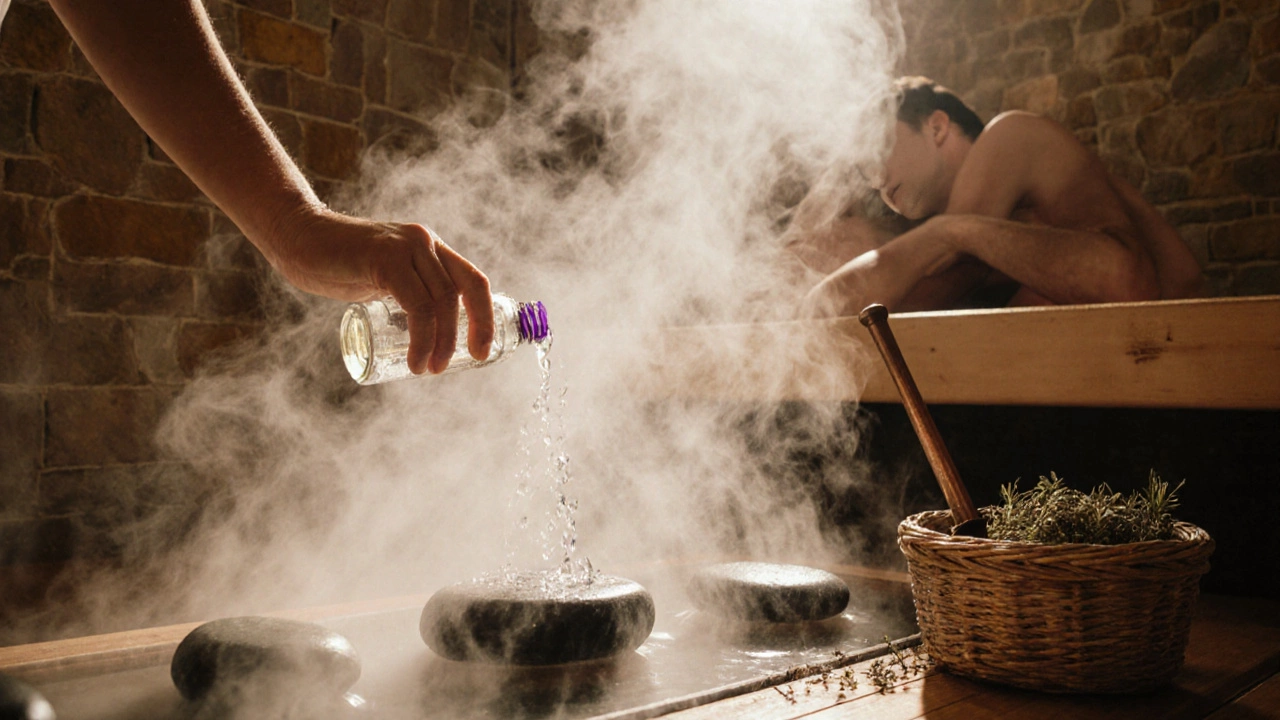 Банщица льёт воду с лавандой на горячие камни, пар окутывает комнату, рядом — корзина с травами.