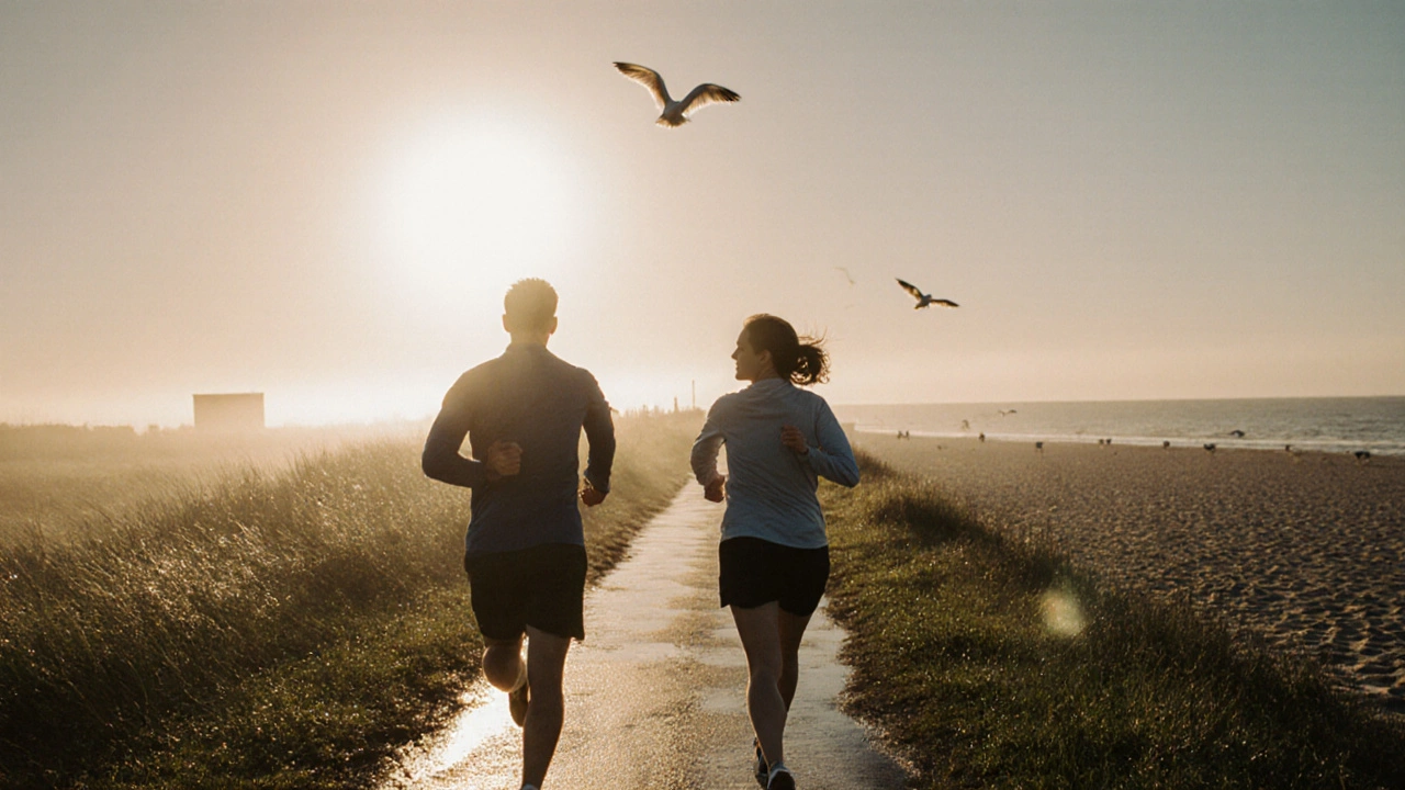 Два бегуна бегут рядом на берегу Балтики на рассвете.