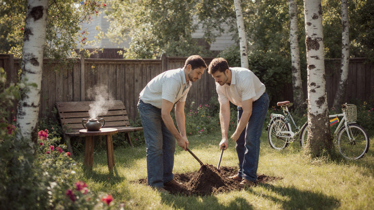 Два мужчины сажают цветы в саду у дачи, рядом — велосипед ребенка и чайник, дымится на столе.