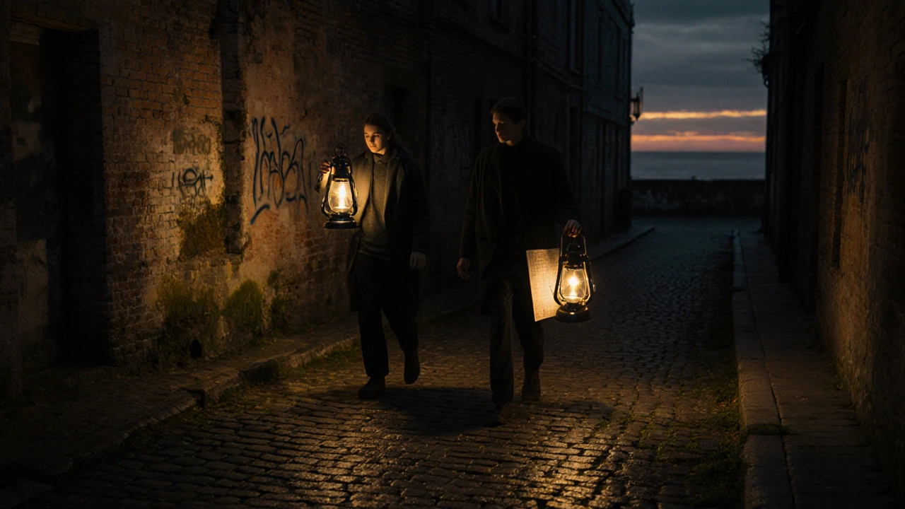 Двое гуляют по темным улочкам Калининграда с фонариками, картой в руке, в тишине ночи.