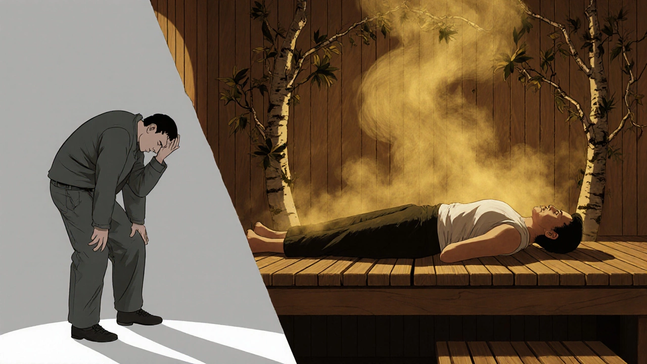 Двухчастная иллюстрация: слева — напряжённый человек, справа — тот же человек расслаблен в парной, окутанный паром и листьями.