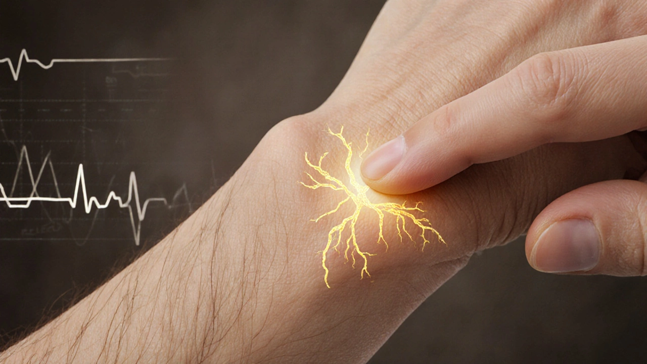 Крупный план запястья с пальцем, надавливающим на точку P6 между сухожилиями.