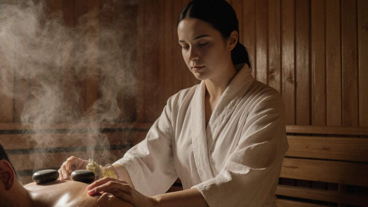 Массажист массирует плечи клиента в парной с ароматическим паром.