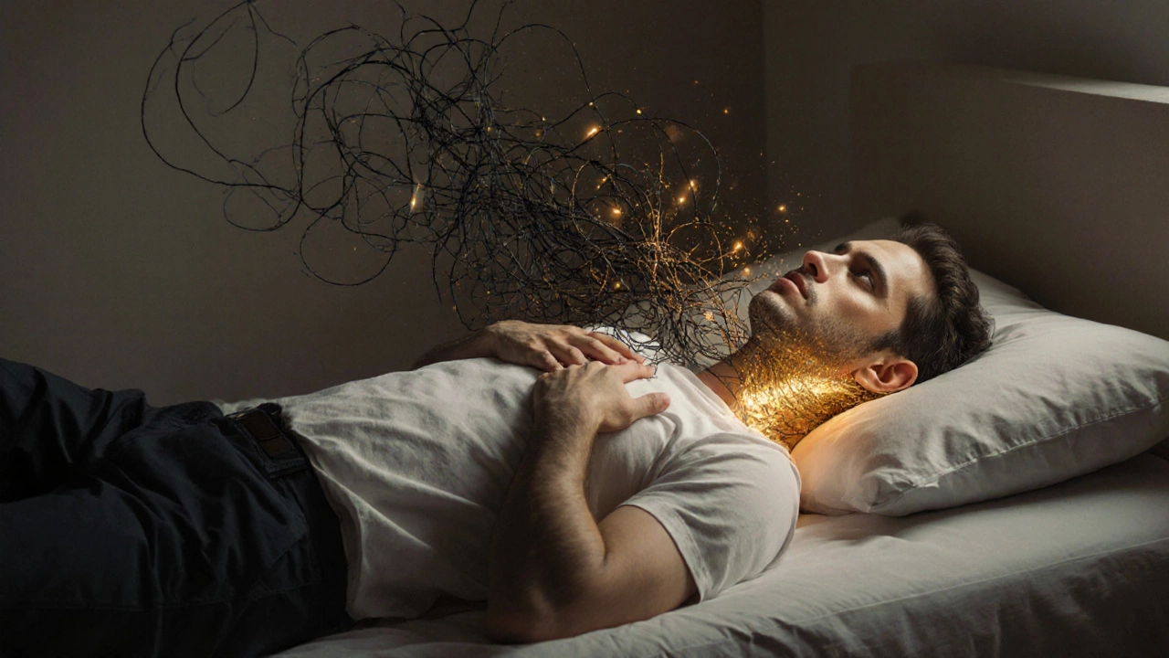 Мужчина лежит на кровати, напряжение в теле рассеивается в золотом свете, символизируя внутреннее освобождение.