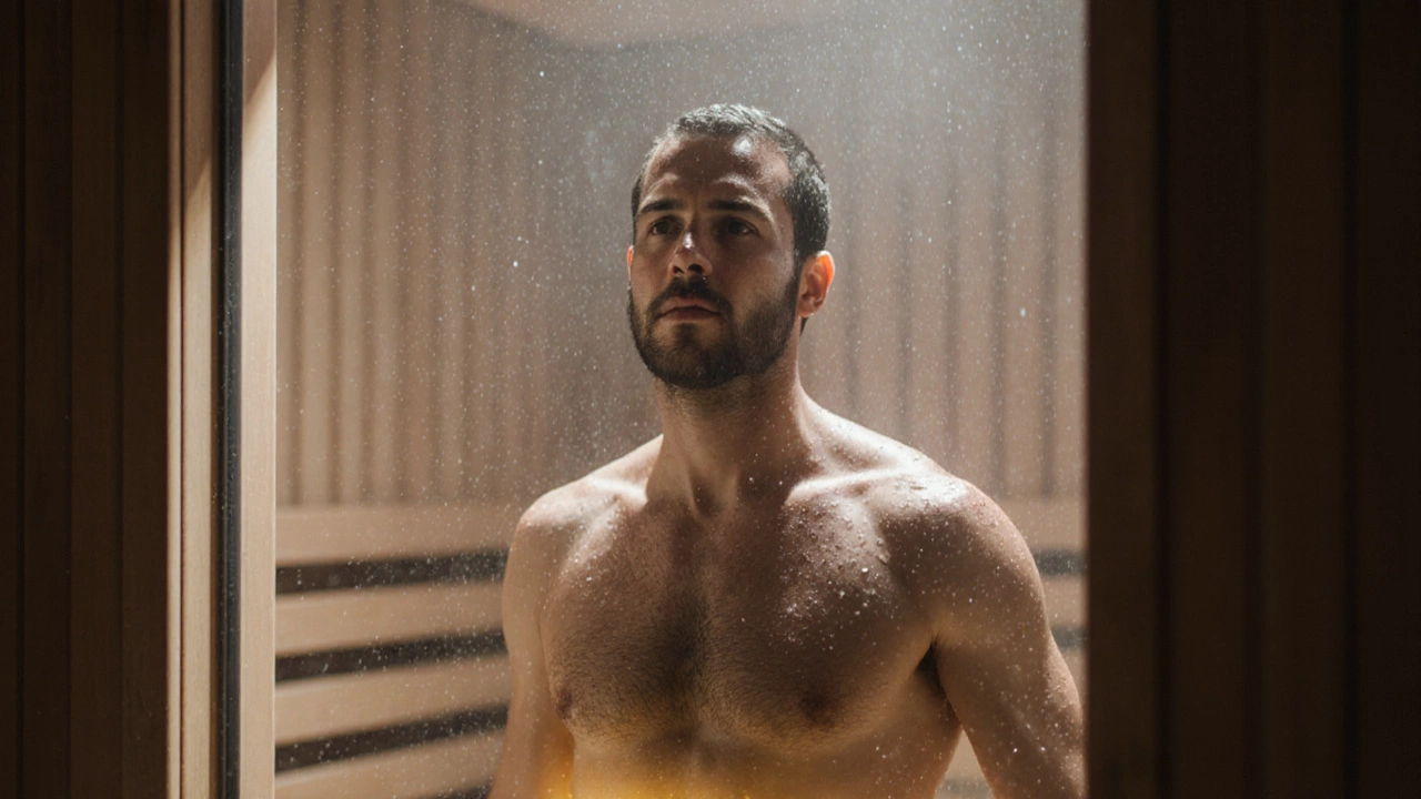 Мужчина после сауны, капли воды на коже, выражение облегчения и восстановления на лице.