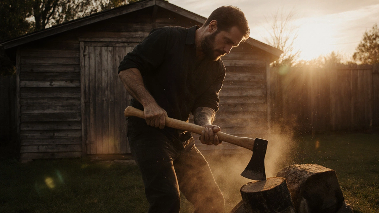 Мужчина рубит дрова на закате, его движения — медитация без слов.
