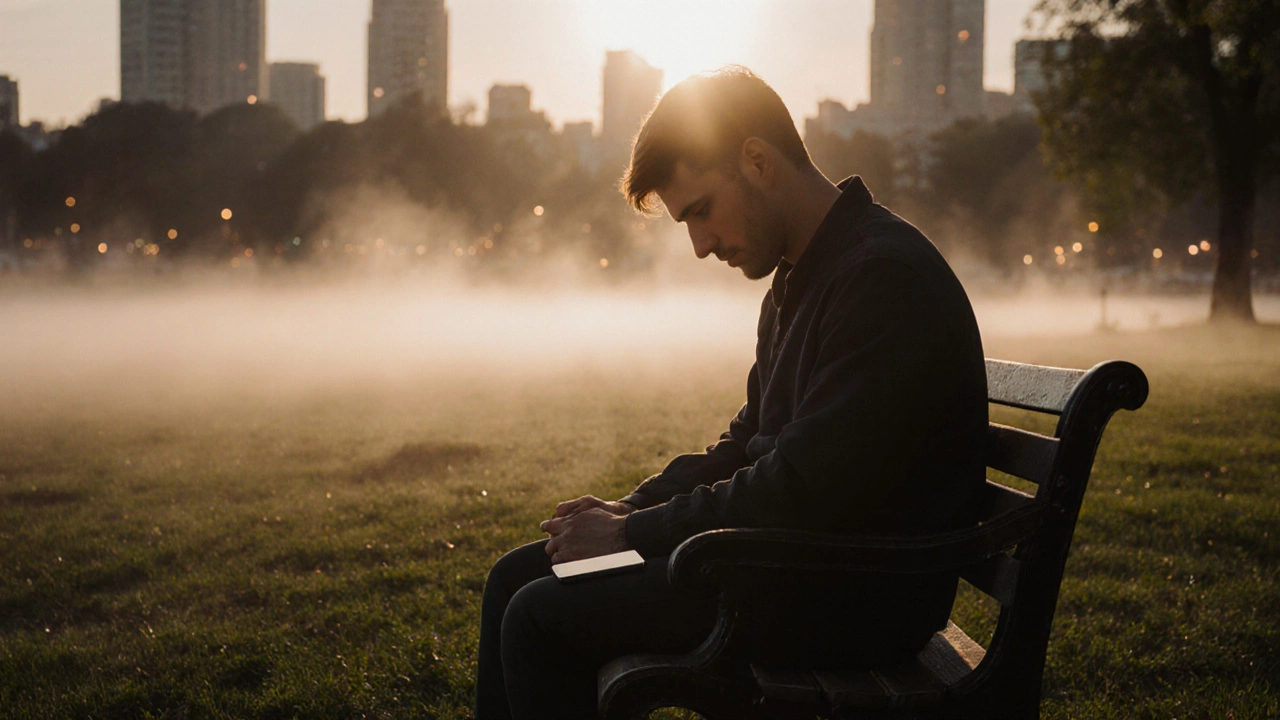 Мужчина сидит на скамейке на рассвете, телефон лежит рядом, глаза закрыты.