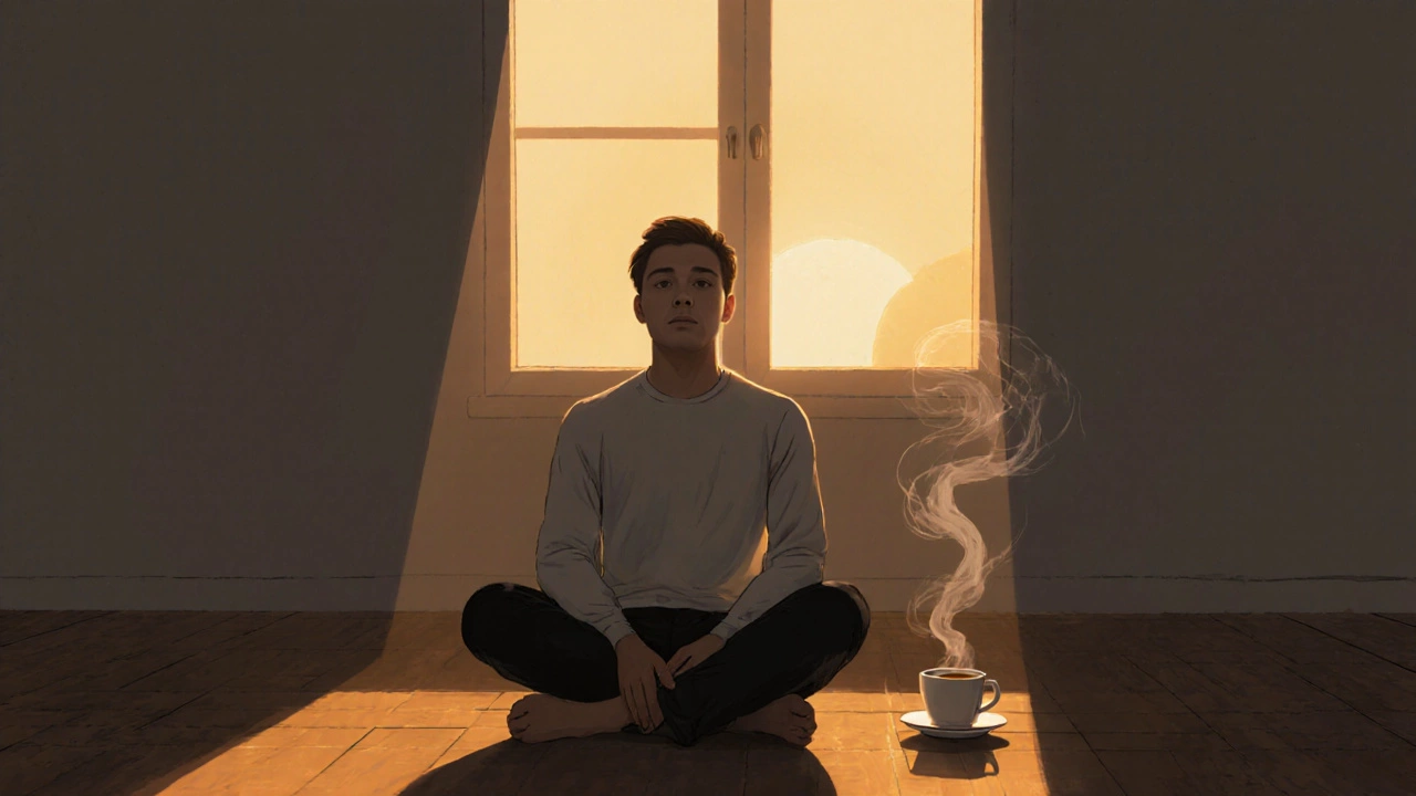 Мужчина сидит в тишине у окна на рассвете, закрыл глаза, рядом чашка чая, без экранов.