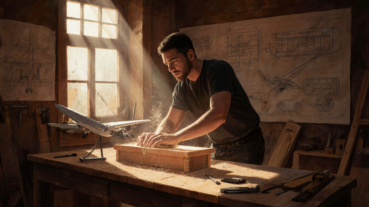 Мужчина в мастерской шлифует деревянную полку, солнечный луч освещает стружку.