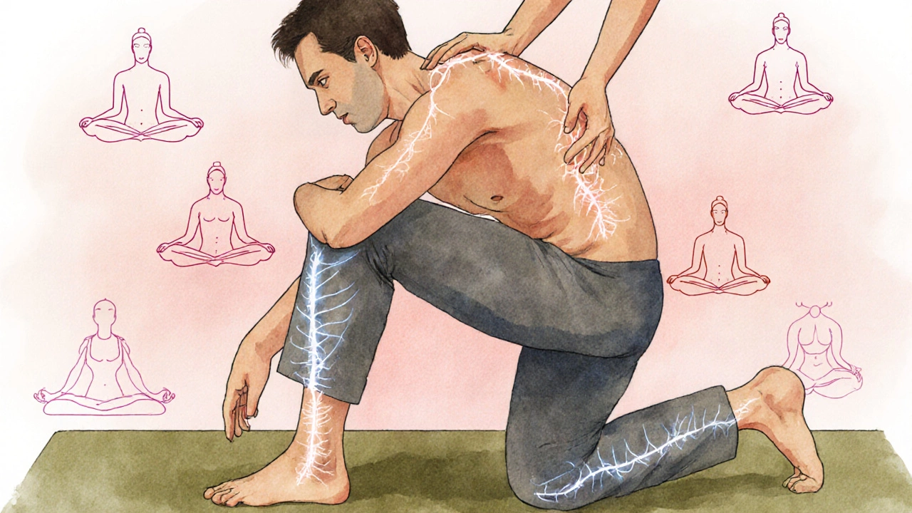 Мужчина в растяжке во время тайского массажа, массажист использует колено для раскрытия таза.