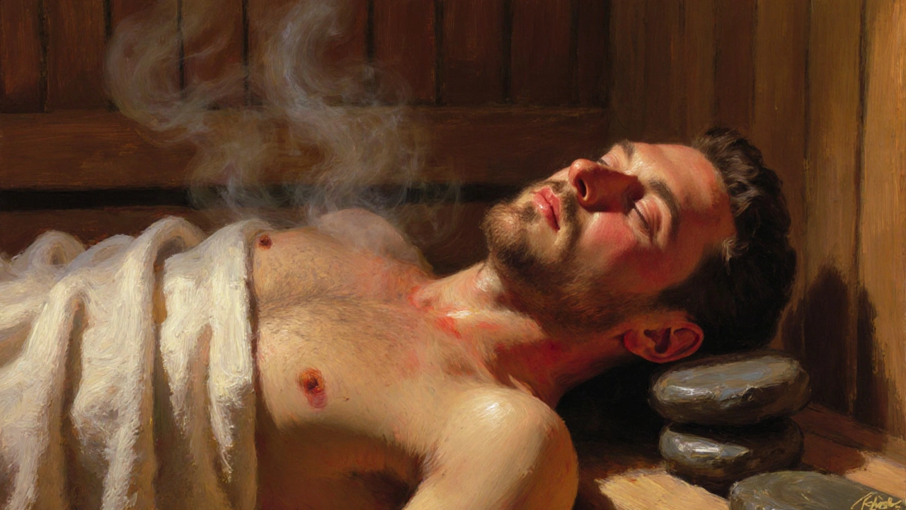Мужчина в сауне, покрытый полотенцем, расслабленно закрыл глаза, мягкий свет подчеркивает умиротворение и тепло.
