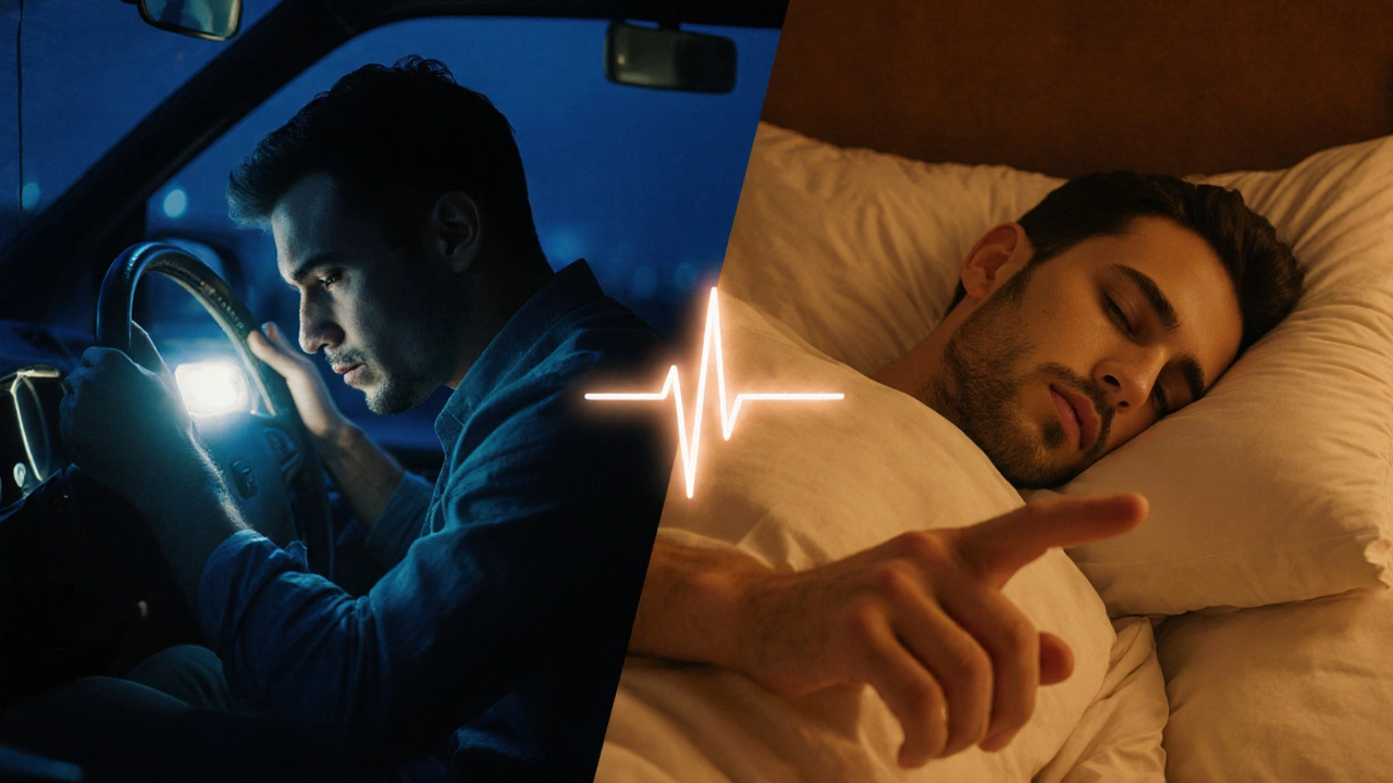 Сравнение двух сцен: напряженный мужчина в машине и тот же мужчина спокойно спящий в кровати.