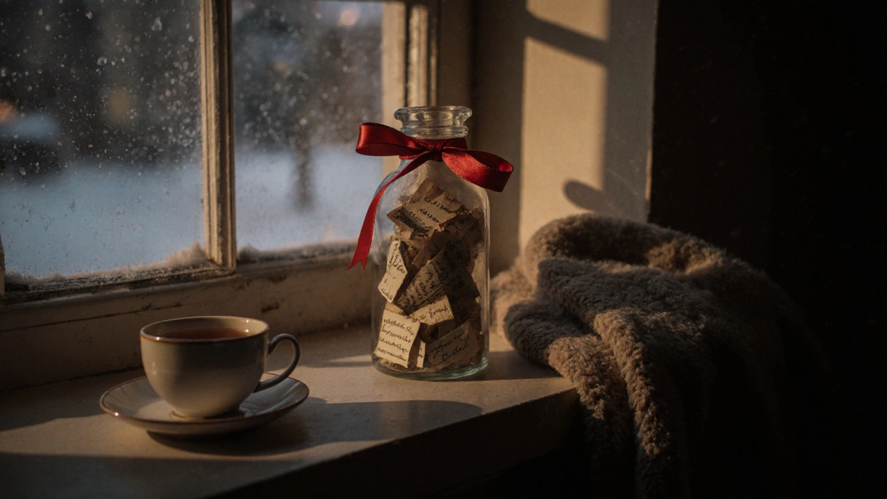 Стеклянная бутылка с записками, стоящая на подоконнике при закате, рядом — чашка чая.