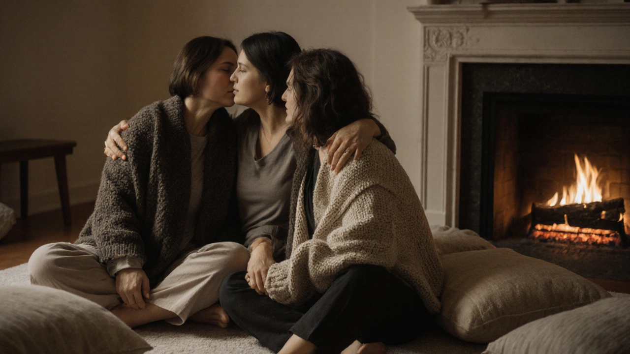 Три женщины на полу в гостиной, обнимаются под одеялом, тихий вечер у камина.