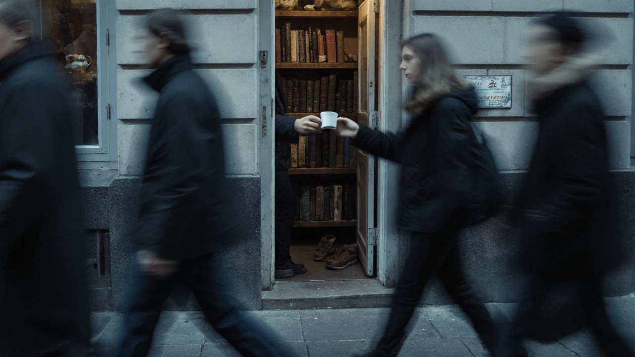 Утренняя улица в Москве, скрытая дверь в тайное сообщество, через щель видны руки, передающие чашку.
