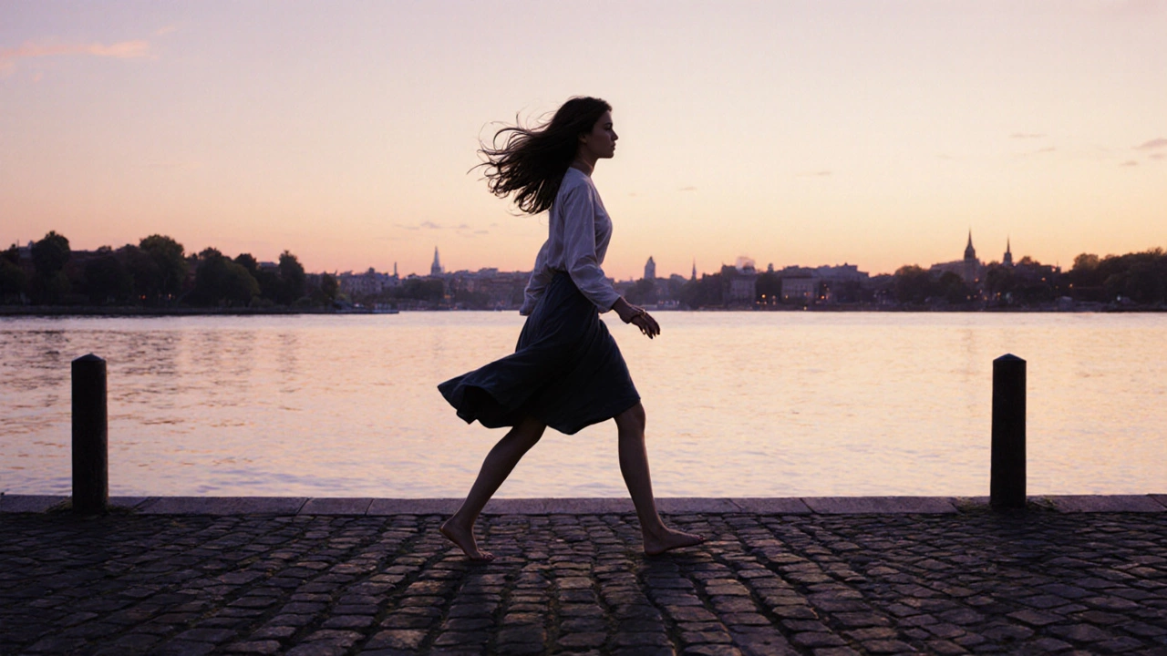 Женщина идёт по берегу реки на закате, руки свободны, шаг уверен, нет прямого взгляда.