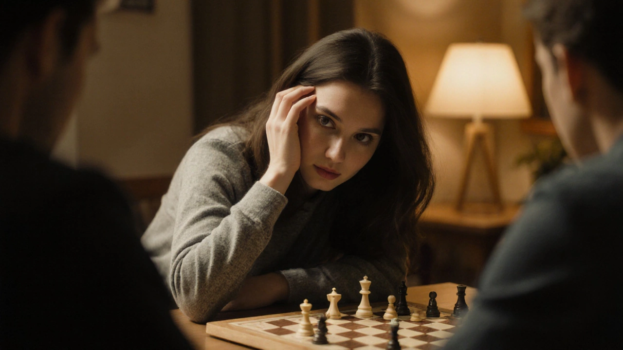 Женщина играет в настольную игру, смотрит в глаза собеседнику, рука касается волос, атмосфера тёплая и естественная.