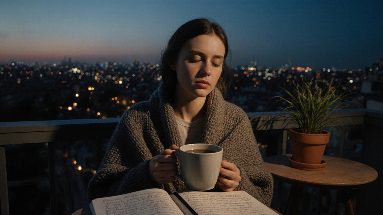 Женщина на балконе в сумерках, с чашкой чая, закрытыми глазами, одна слеза на щеке.