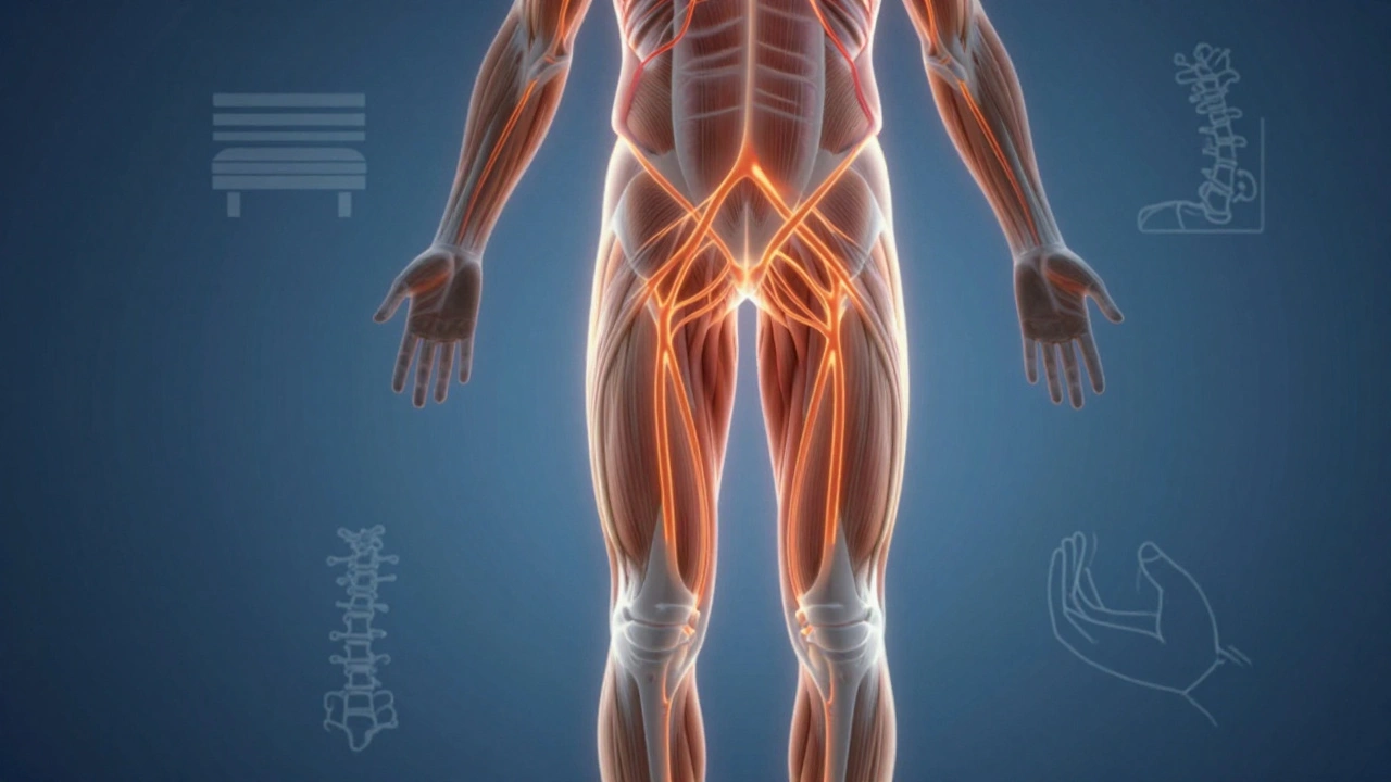 Абстрактное изображение тела с теплыми потоками крови, идущими через ягодицы, символизирующее расслабление и восстановление.