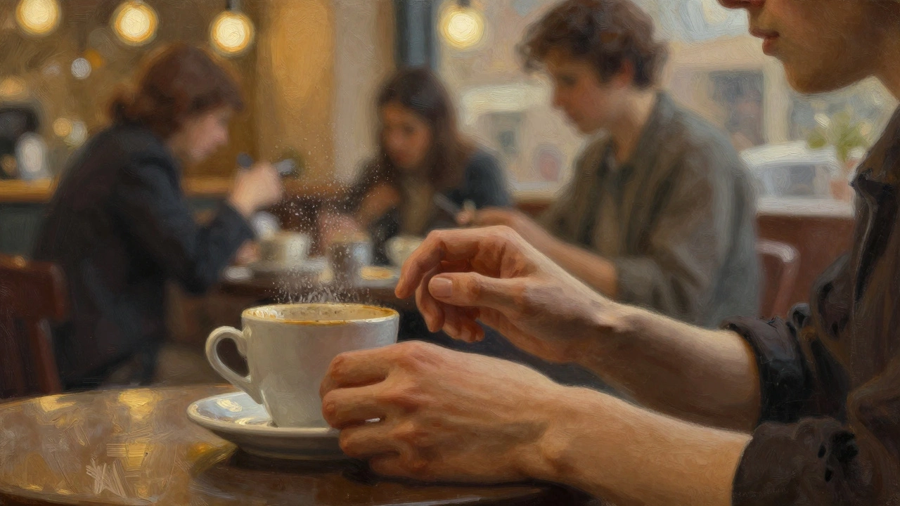 Близкий план рук на столе, одна рисует узор на стакане с кофе, вокруг — мягкий свет и размытые фигуры.