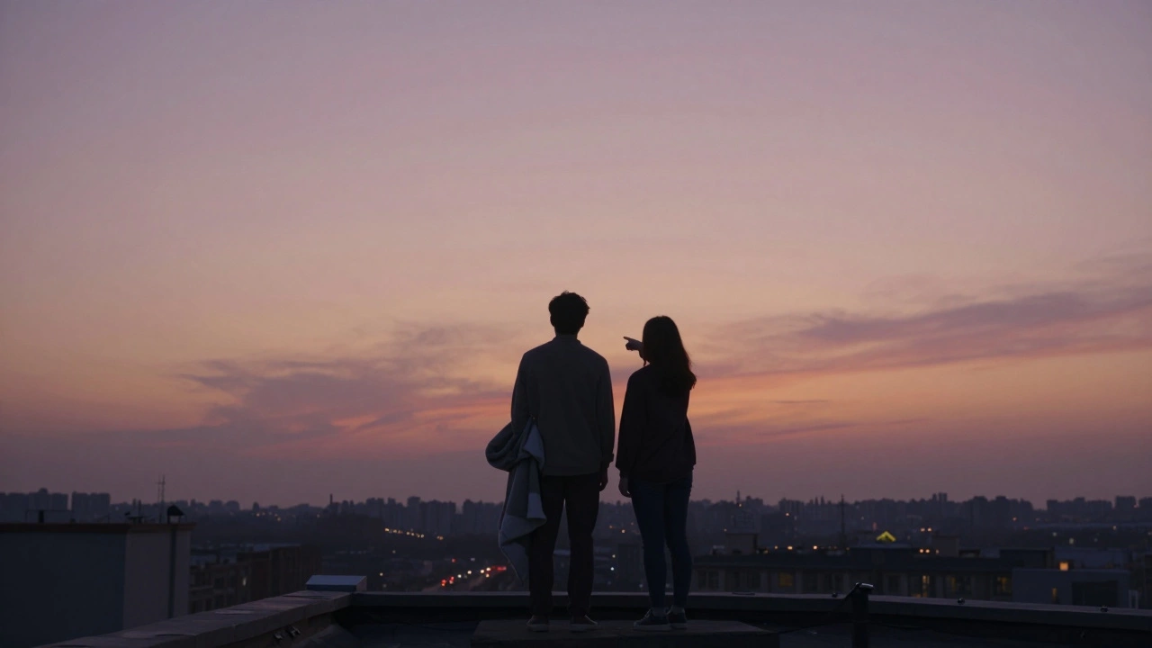 Два человека молча смотрят на закат с городской крыши, небо окрашено в теплые тона.