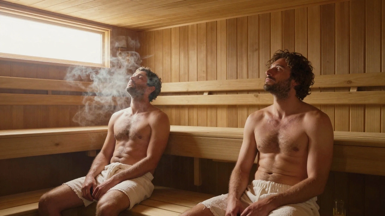 Два человека сидят рядом в сауне молча, ни один не говорит, но присутствие друг друга ощущается глубоко.