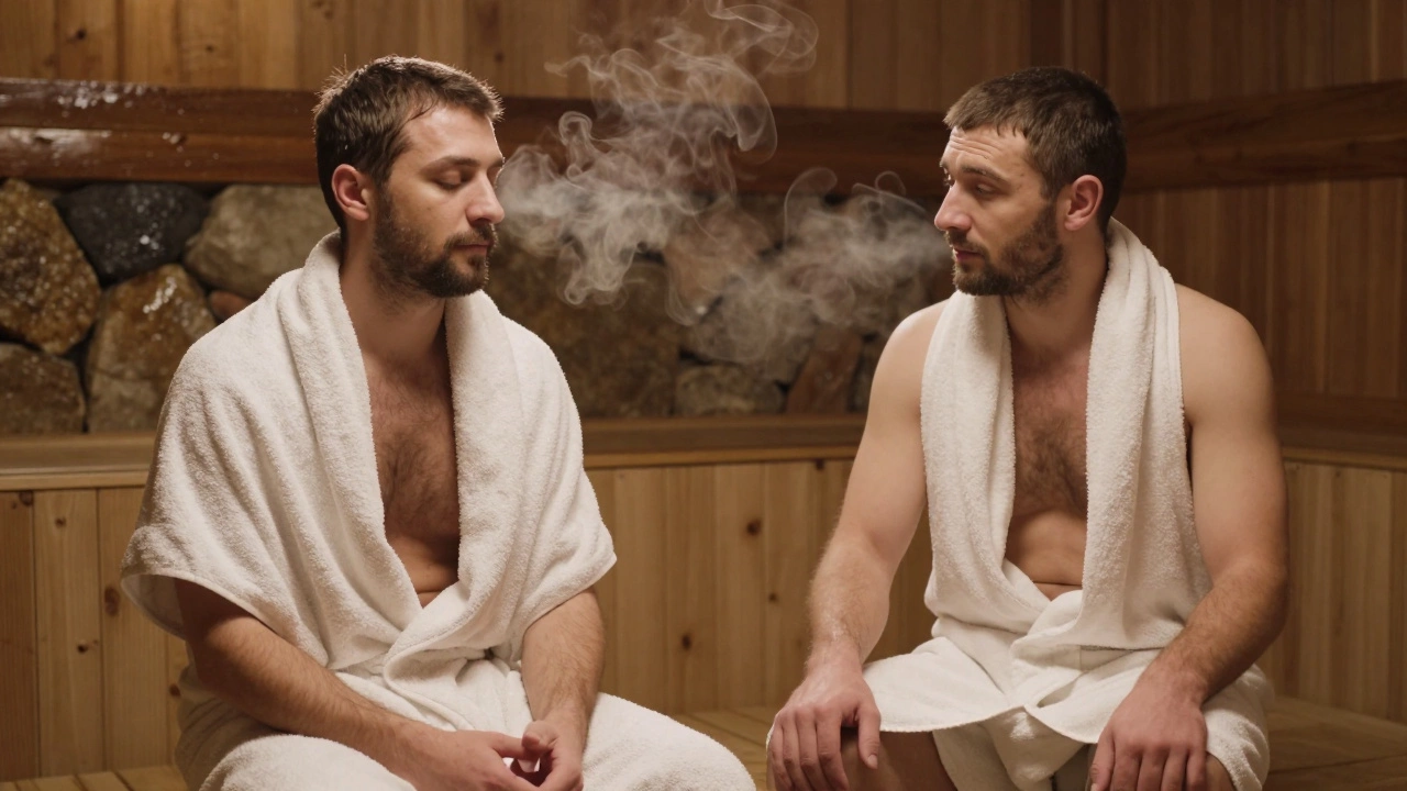 Два мужчины в парной после третьего захода: один говорит, другой слушает, пар между ними, атмосфера доверия и тишины.