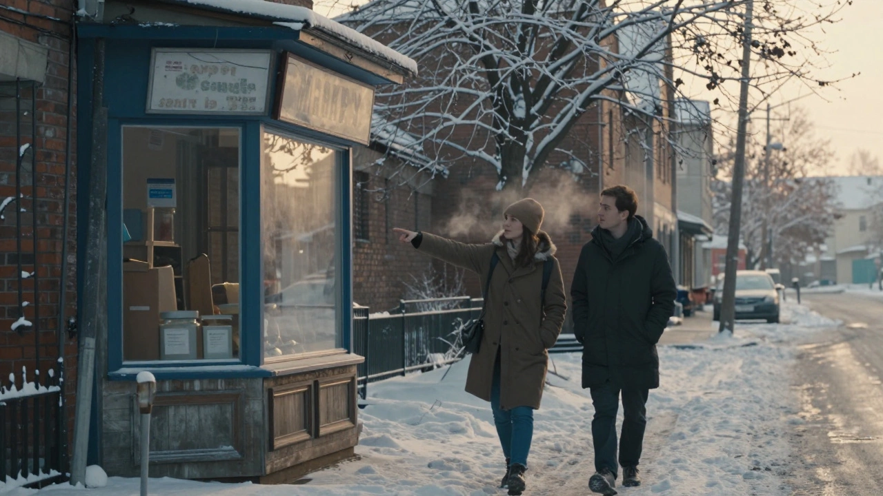Два знакомых гуляют зимним вечером, один показывает на старый магазин конфет, снег покрывает деревья.