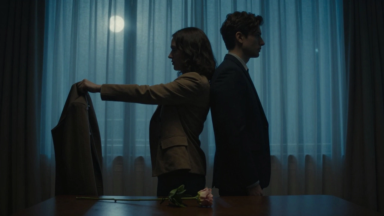 Двое стоят спиной друг к другу в темной комнате, между ними цветок на столе — напряженная атмосфера без слов.