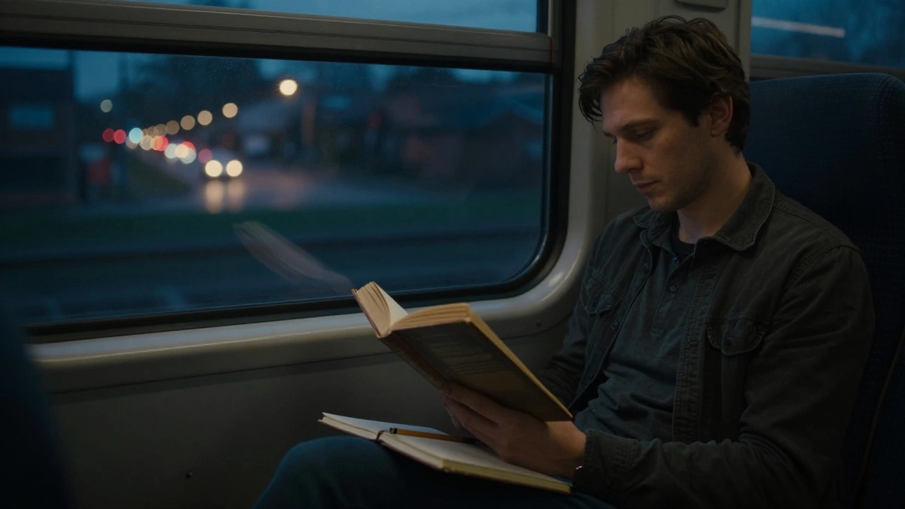 Мужчина читает книгу в поезде ночью, окно отражает его лицо.