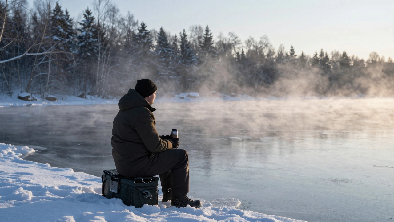 Мужчина с термосом ждёт рыбы на замёрзшем пруду на рассвете.