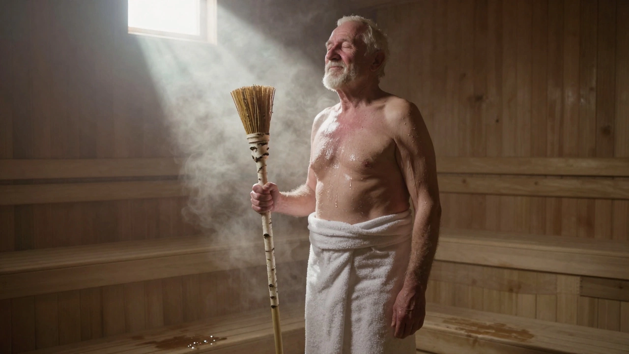 Одинокий мужчина в полотенце стоит в парной, держит берёзовый веник, лицо покрыто каплями пота, пар окутывает его.