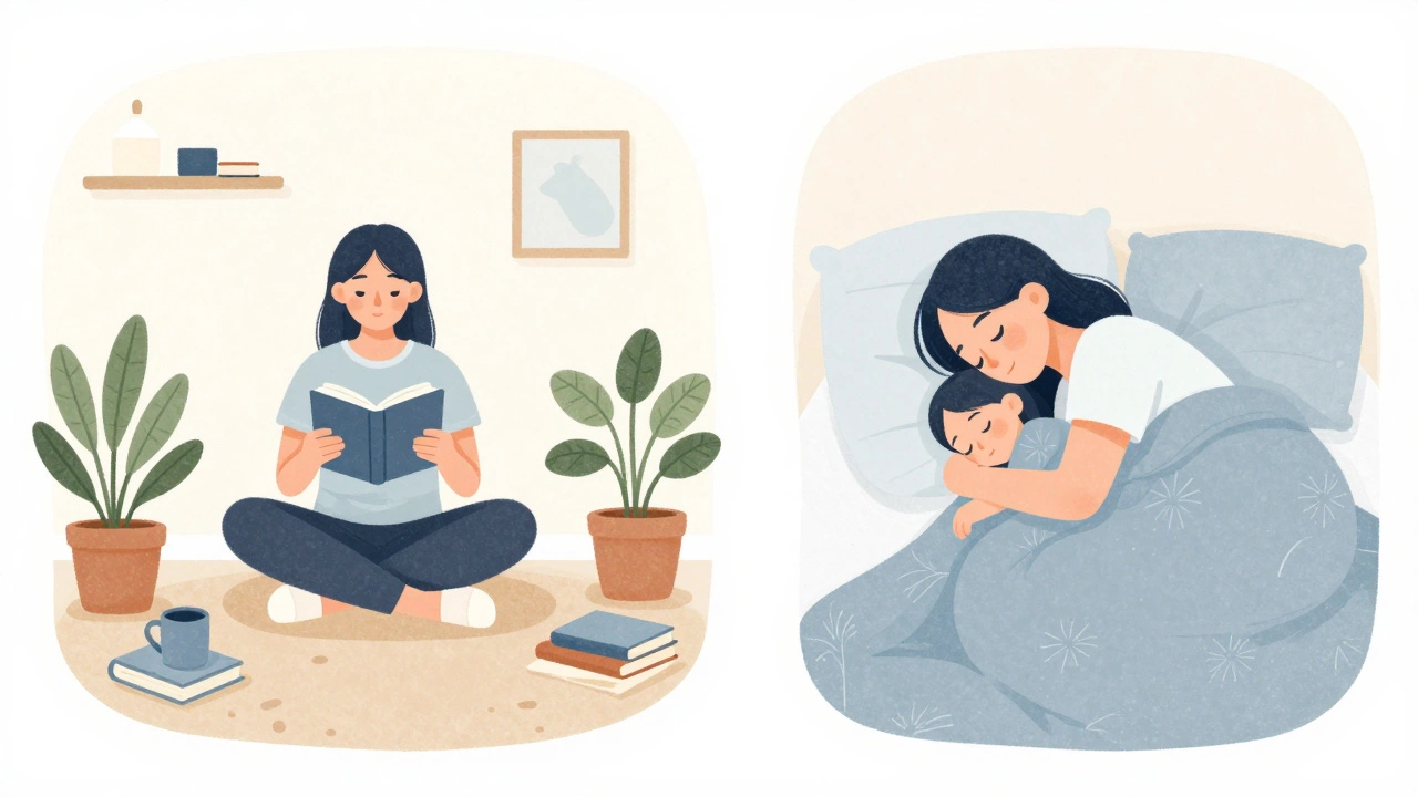 Разделенная сцена: один человек одиноко читает и тот же человек спит рядом с другим — свобода против близости.