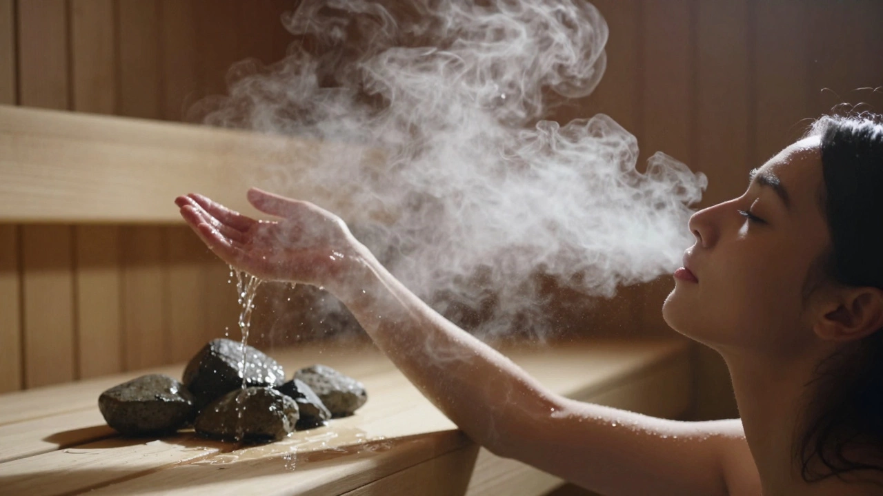 Рука льёт воду на раскалённые камни в сауне, пар поднимается в воздухе, человек расслаблен.