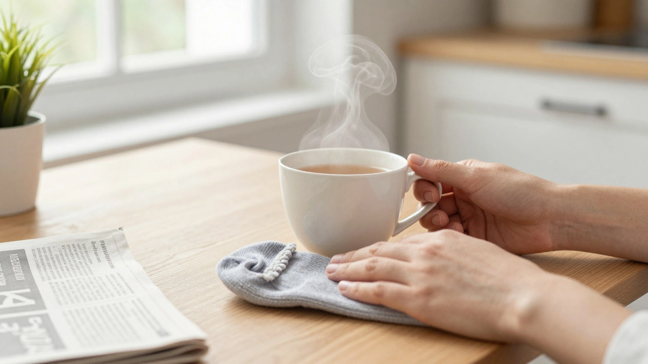 Руки кладут чашку чая и носки на деревянный стол — утро, свет, без слов, но с заботой.