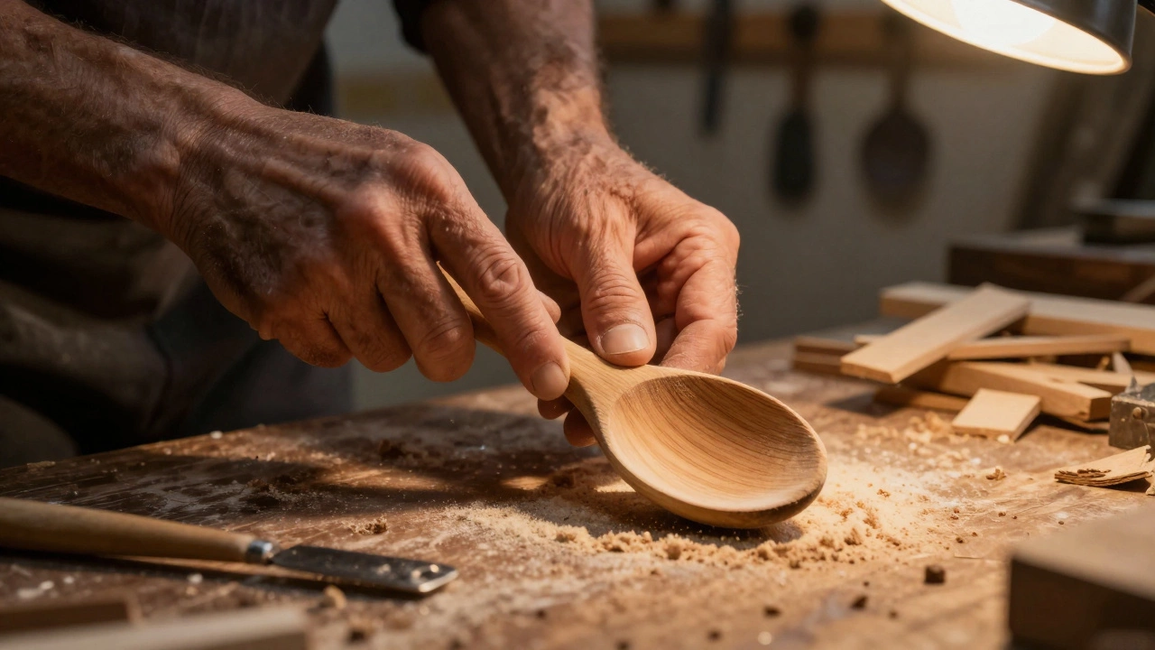 Руки мужчины вытачивают деревянную ложку на верстаке.