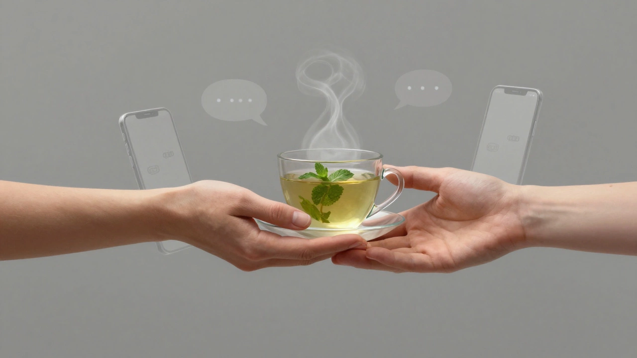 Руки передают чашку мятного чая — символ тонкого, невысказанного интереса.