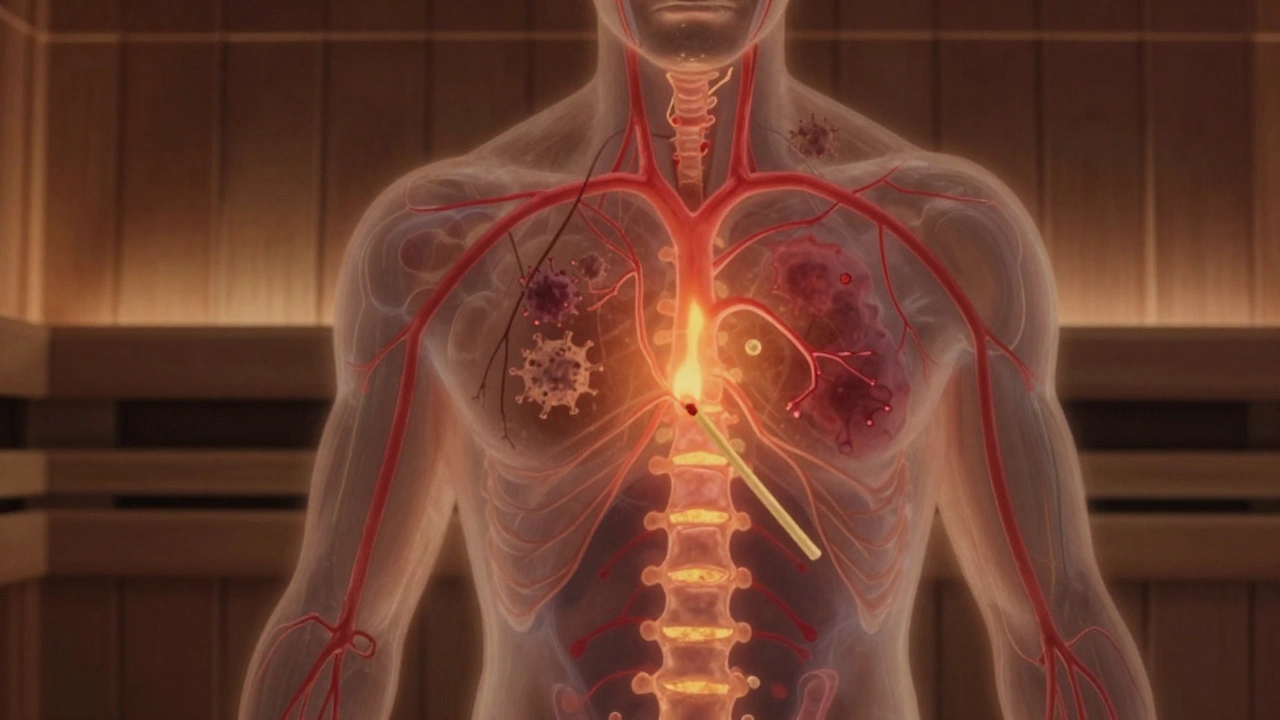 Схематичное изображение тела с активными сосудами и вирусами, символизирующее пробуждение болезни после парной.