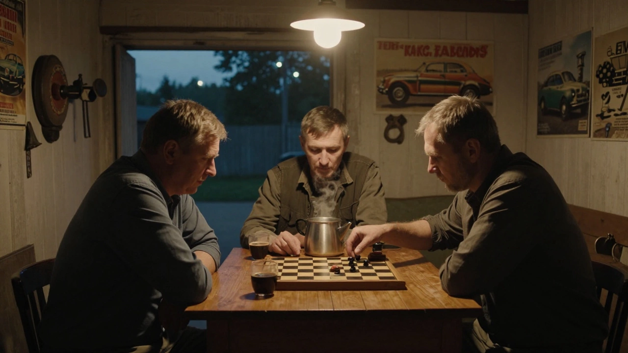 Трое мужчин играют в шахматы в гараже за чашкой кофе.