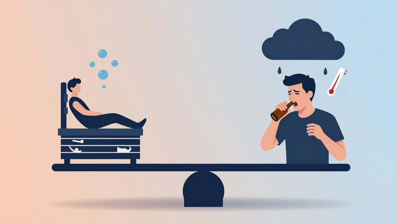 Весы: одна сторона — здоровье после сауны, другая — болезнь с пивом и температурой.