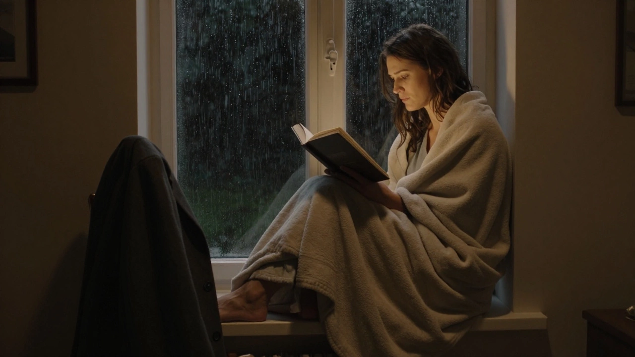 Женщина читает книгу у окна ночью, рядом лежит пальто, дождь стучит по стеклу — тишина и искренность.