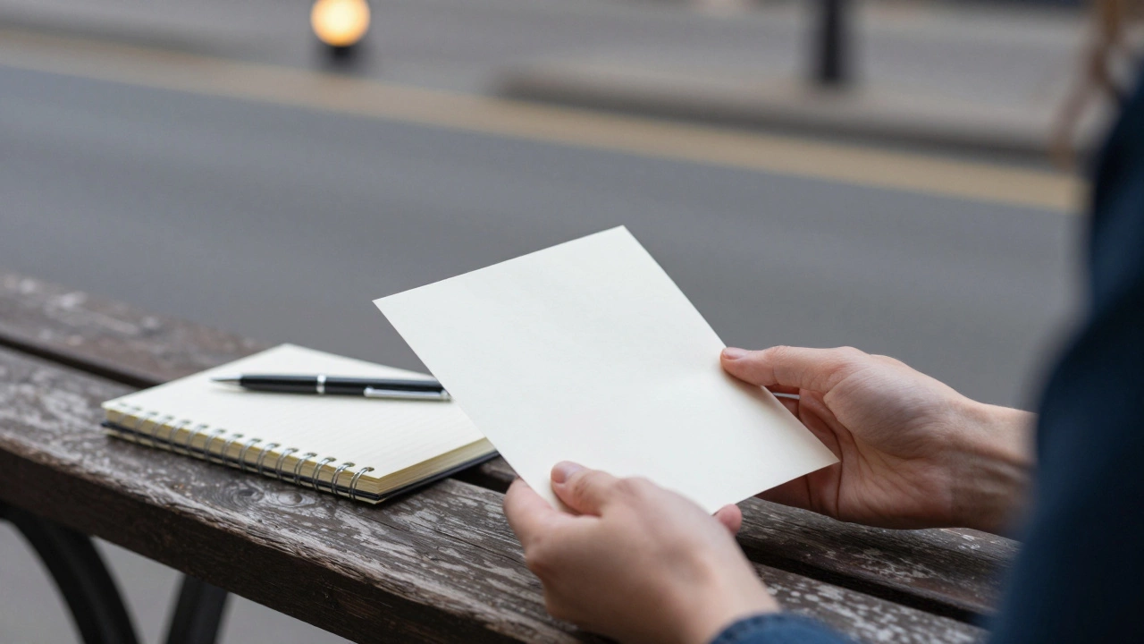 Женщина держит в руках handwritten письмо на скамейке при мягком свете фонаря.