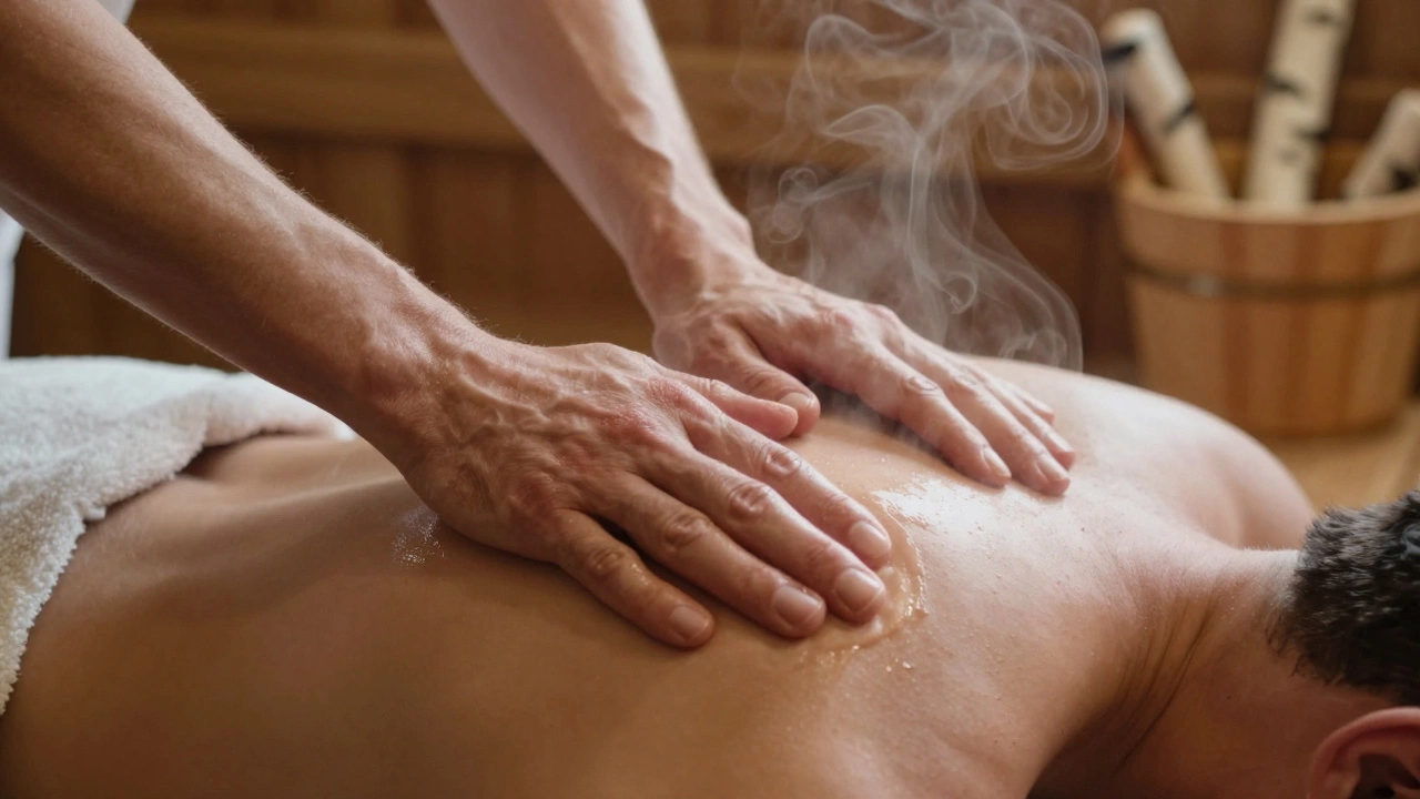 Близкий план рук, выполняющих мягкий массаж плеча в парилке с легким блеском масла на коже.