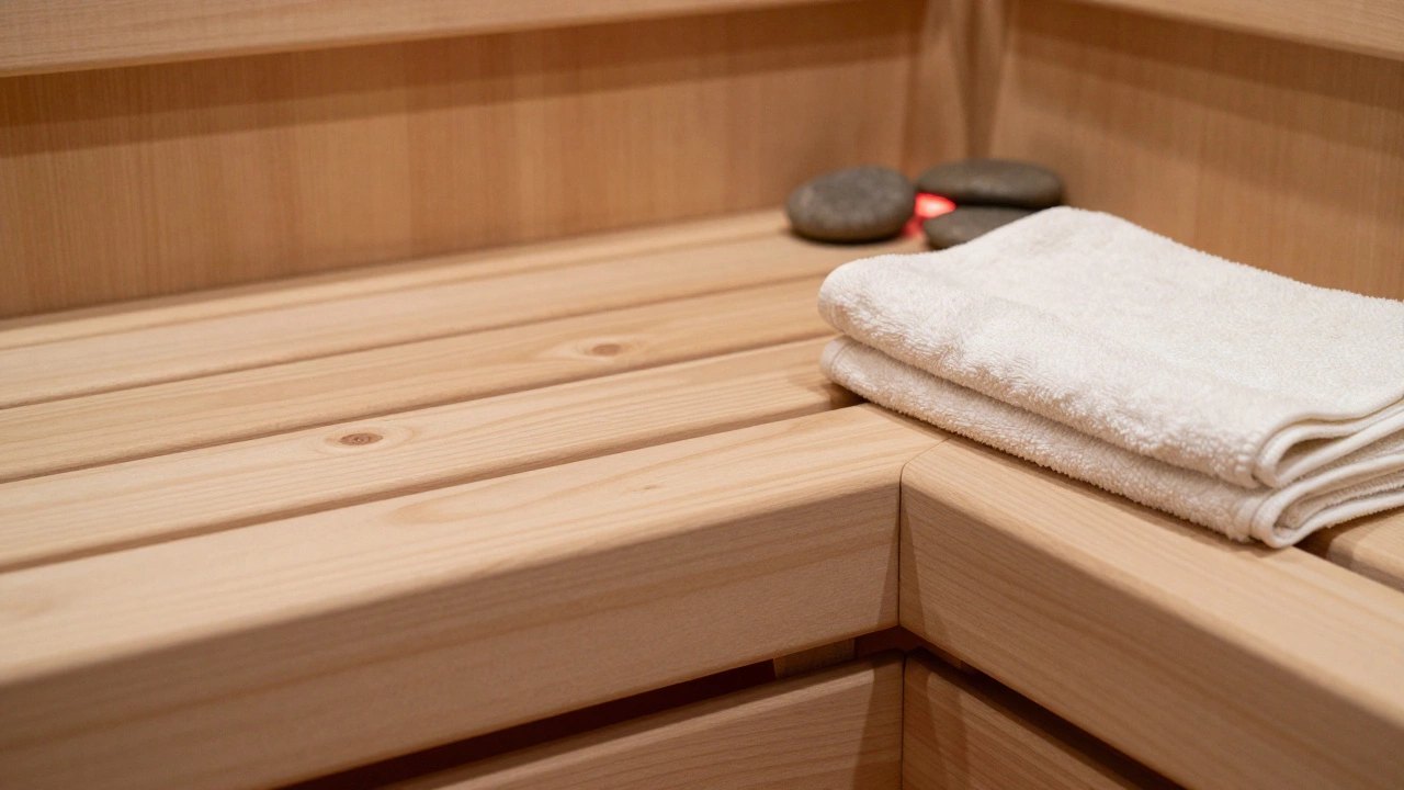 Чистая деревянная полка в сауне с камнями и свежим полотенцем.
