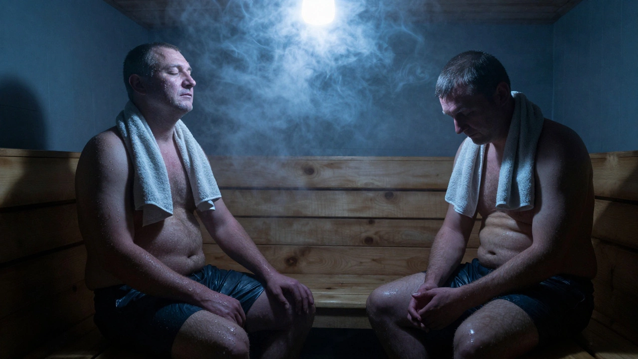 Два человека в русской бане, пар, дерево, вода — тишина и доверие в тепле.
